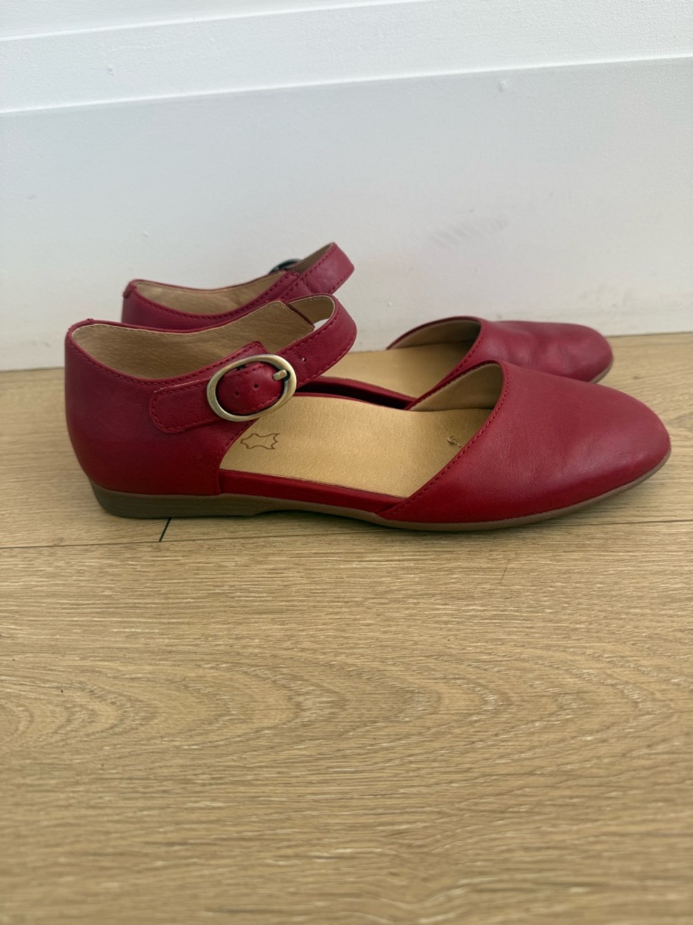 Dansko Red Leather Mary Jane Flats with Buckle Strap - Picture 2 of 5
